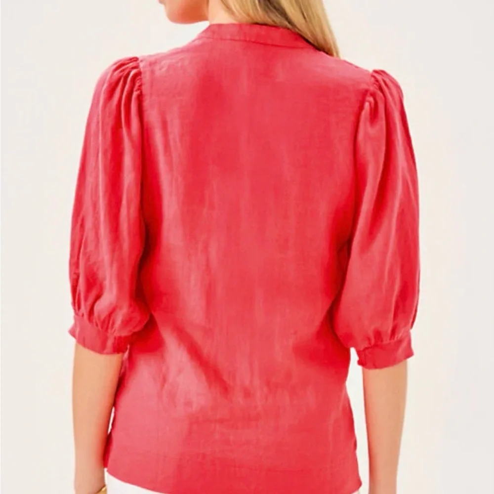 Lilly Pulitzer Womens Mialeigh Elbow Sleeve Top 100% Linen in Cane Corol Size 2